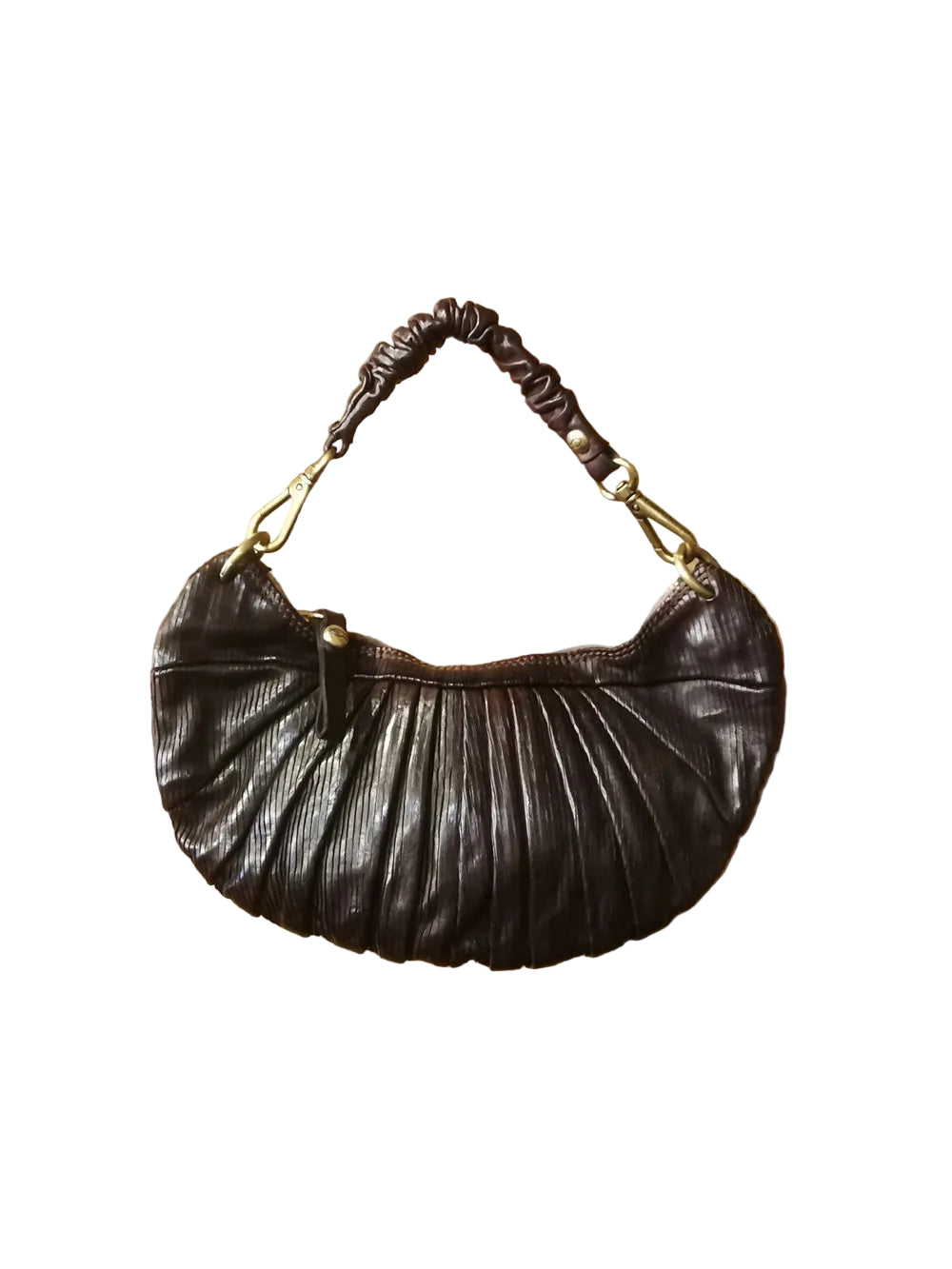 Borsa piccola a forma di luna, con doppia tracolla, una piccola e una lunga regolabile. Made in Italy