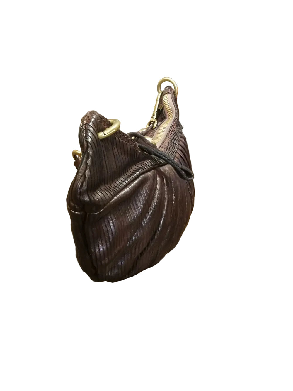 Borsa piccola a forma di luna, con doppia tracolla, una piccola e una lunga regolabile. Made in Italy
