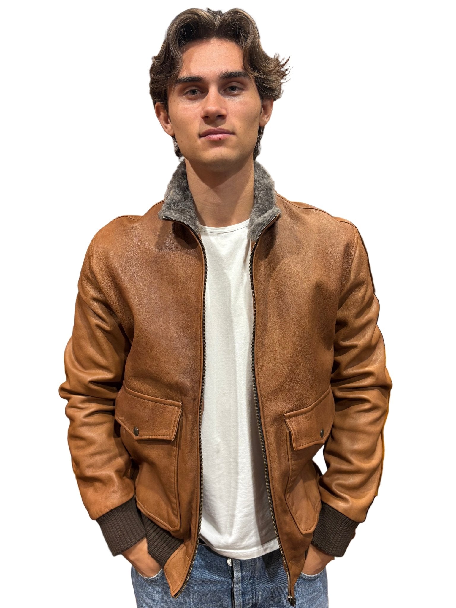 Giacca in pelle con collo in pelo Pelletteria Allegrini Filippo BENTIVOGLIO Cuoio - Pelletteria Allegrini