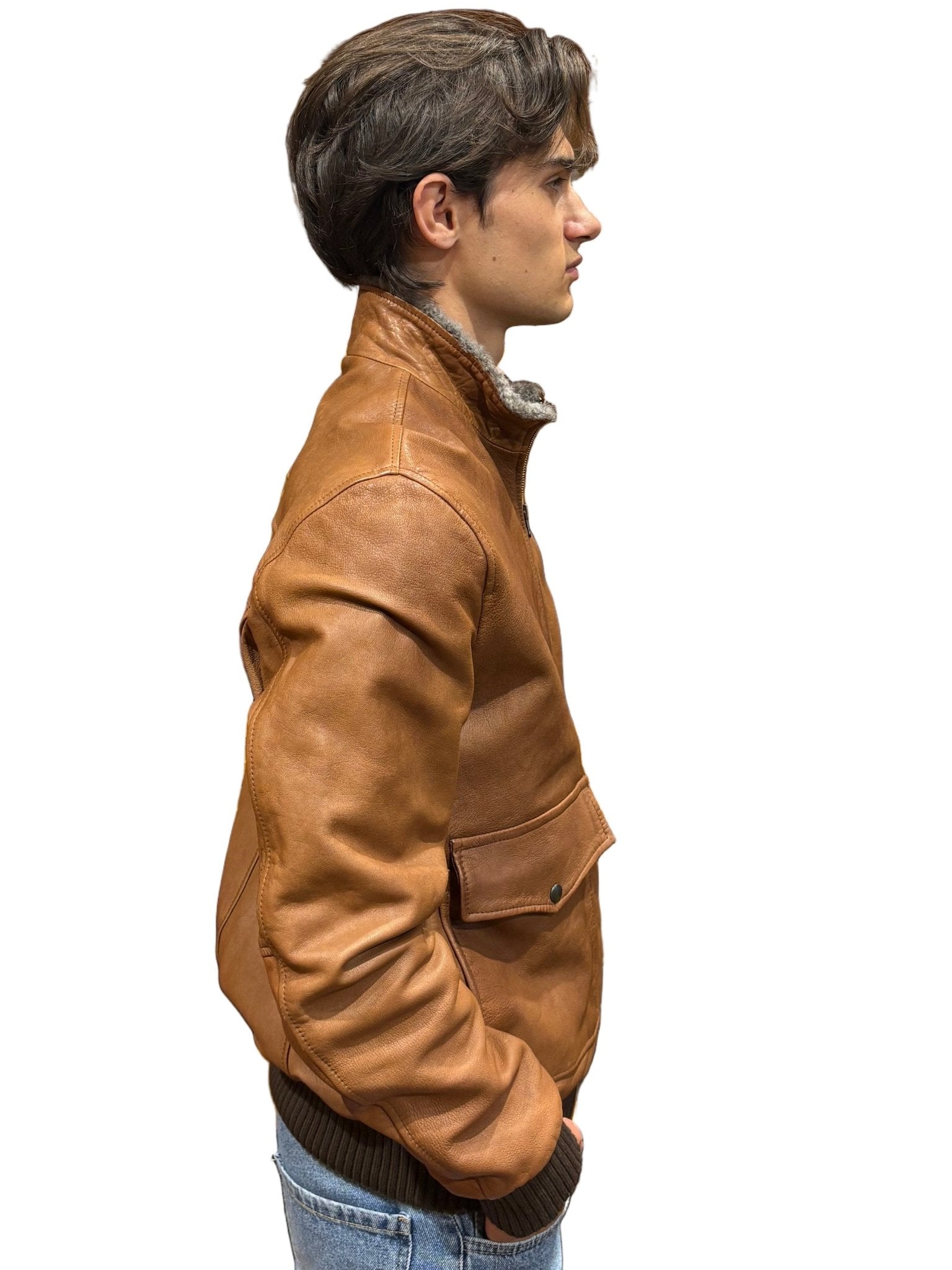 Giacca in pelle con collo in pelo Pelletteria Allegrini Filippo BENTIVOGLIO Cuoio - Pelletteria Allegrini