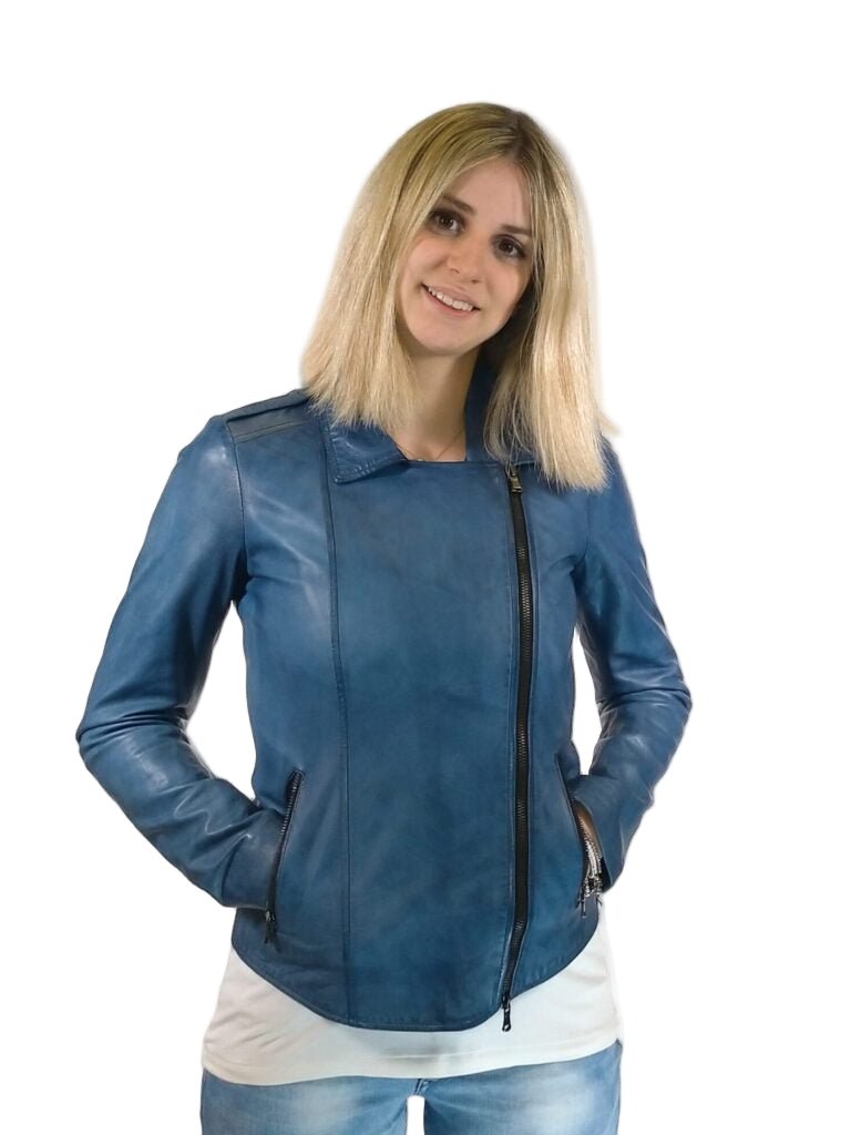 Giacca in pelle donna tamponata a mano Pelletteria Allegrini Filippo GREASE Tuscany Bluette - Pelletteria Allegrini