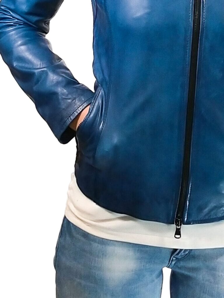 Giacca in pelle donna tamponata a mano Pelletteria Allegrini Filippo ROMANA tuscany Bluette - Pelletteria Allegrini