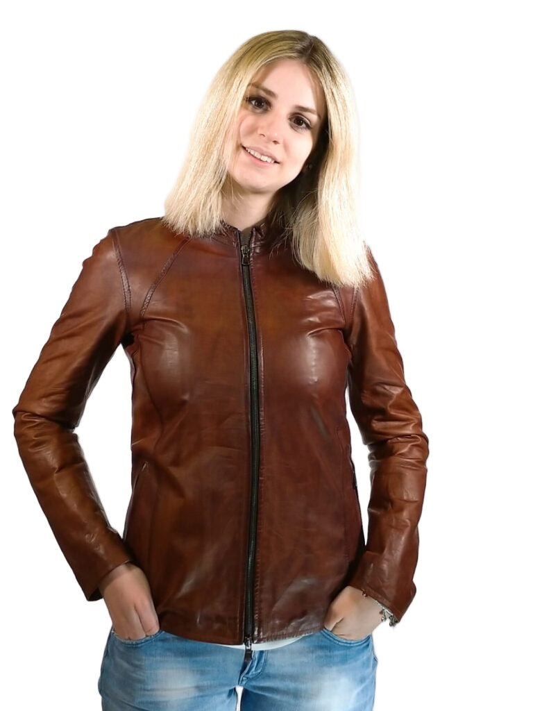 Giacca in pelle donna tamponata a mano Pelletteria Allegrini Filippo ROMANA tuscany Legno - Pelletteria Allegrini