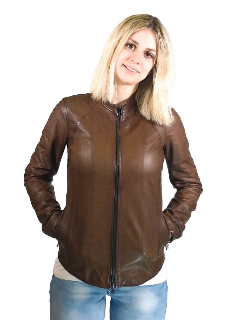 Giacca in pelle donna tamponata a mano Pelletteria Allegrini Filippo ROMANA tuscany Testa di moro - Pelletteria Allegrini
