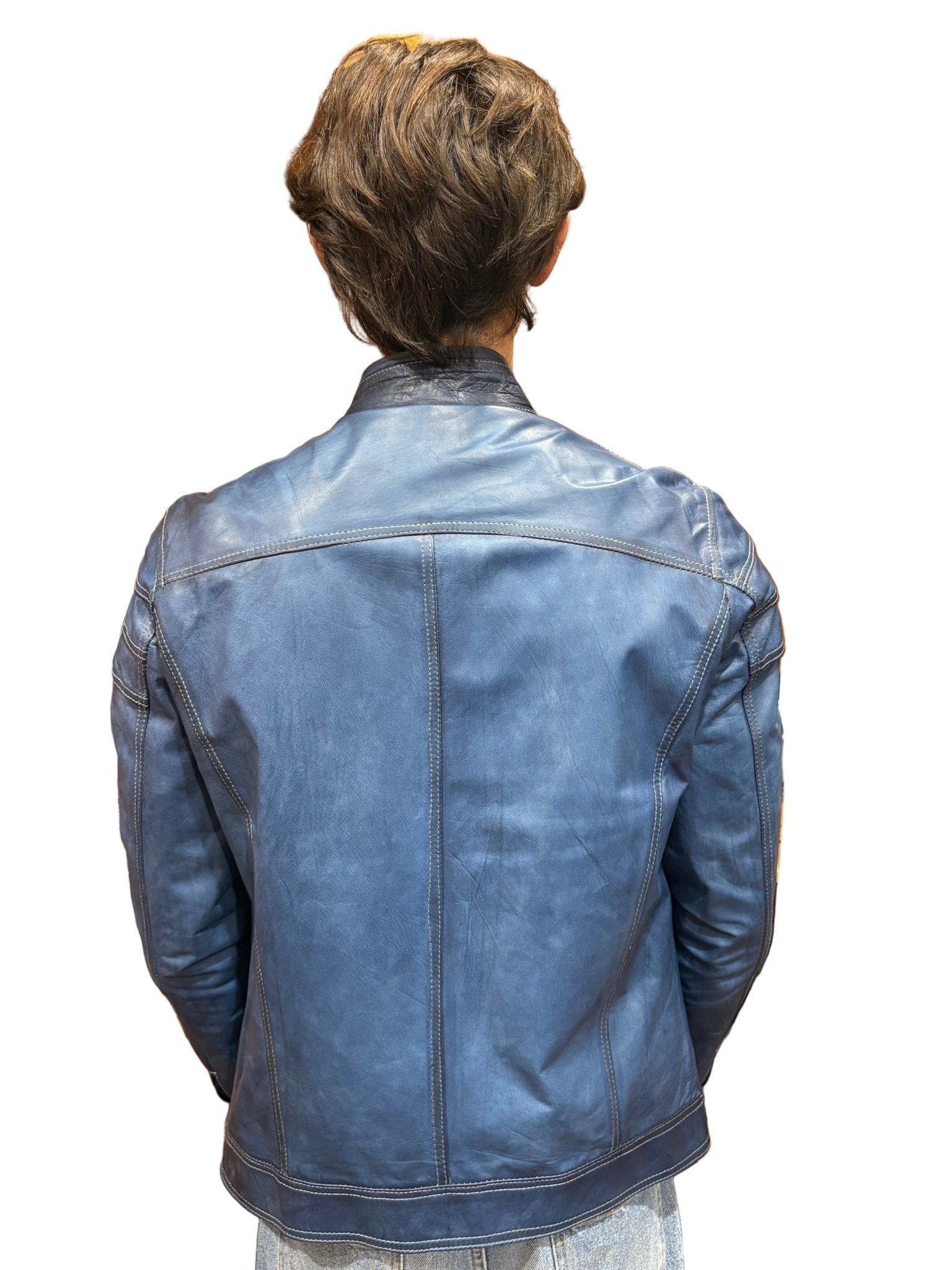 Giacca in pelle uomo tamponata a mano Pelletteria Allegrini Filippo PEGASO Tuscany Bluette - Pelletteria Allegrini