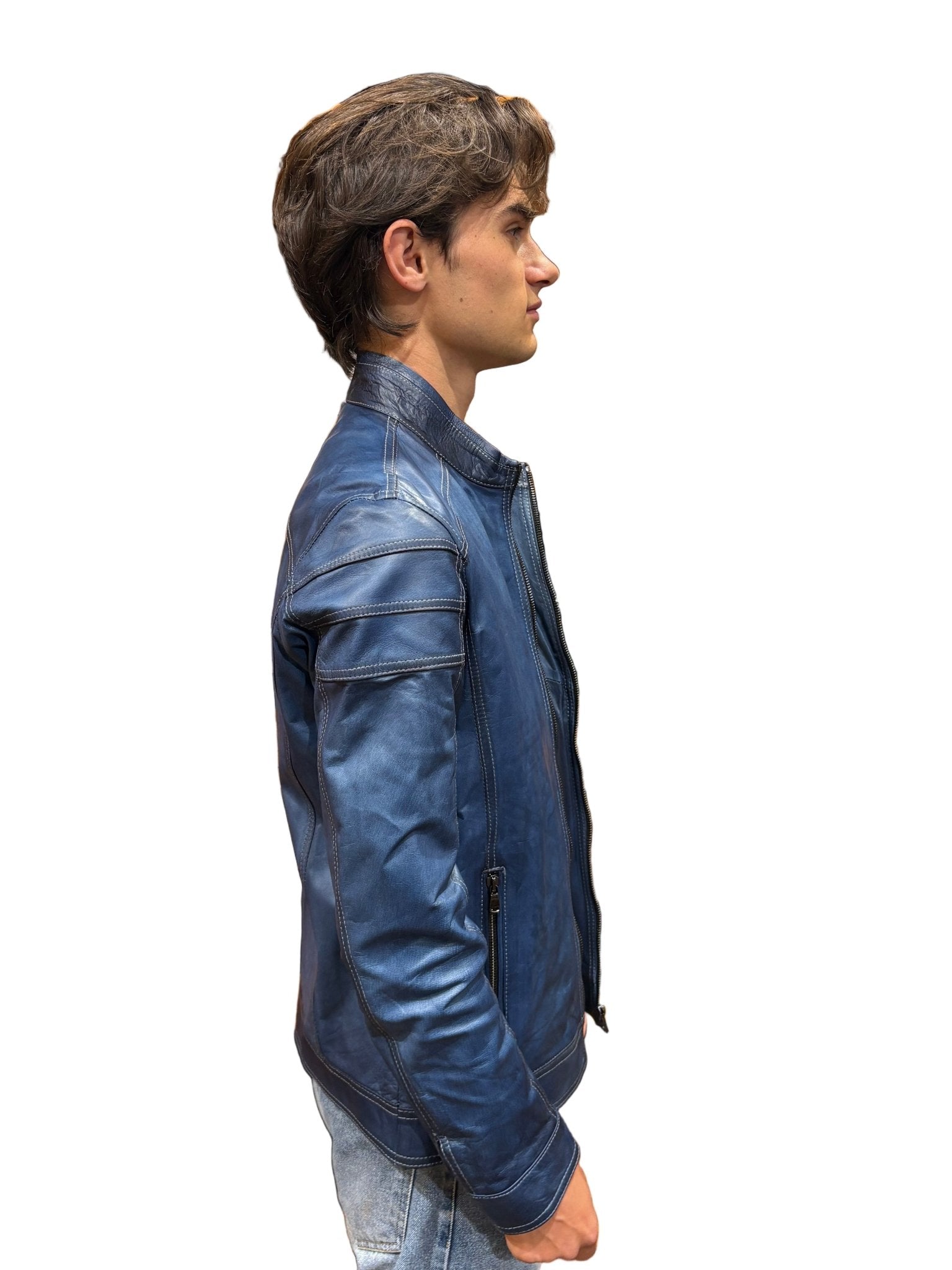 Giacca in pelle uomo tamponata a mano Pelletteria Allegrini Filippo PEGASO Tuscany Bluette - Pelletteria Allegrini