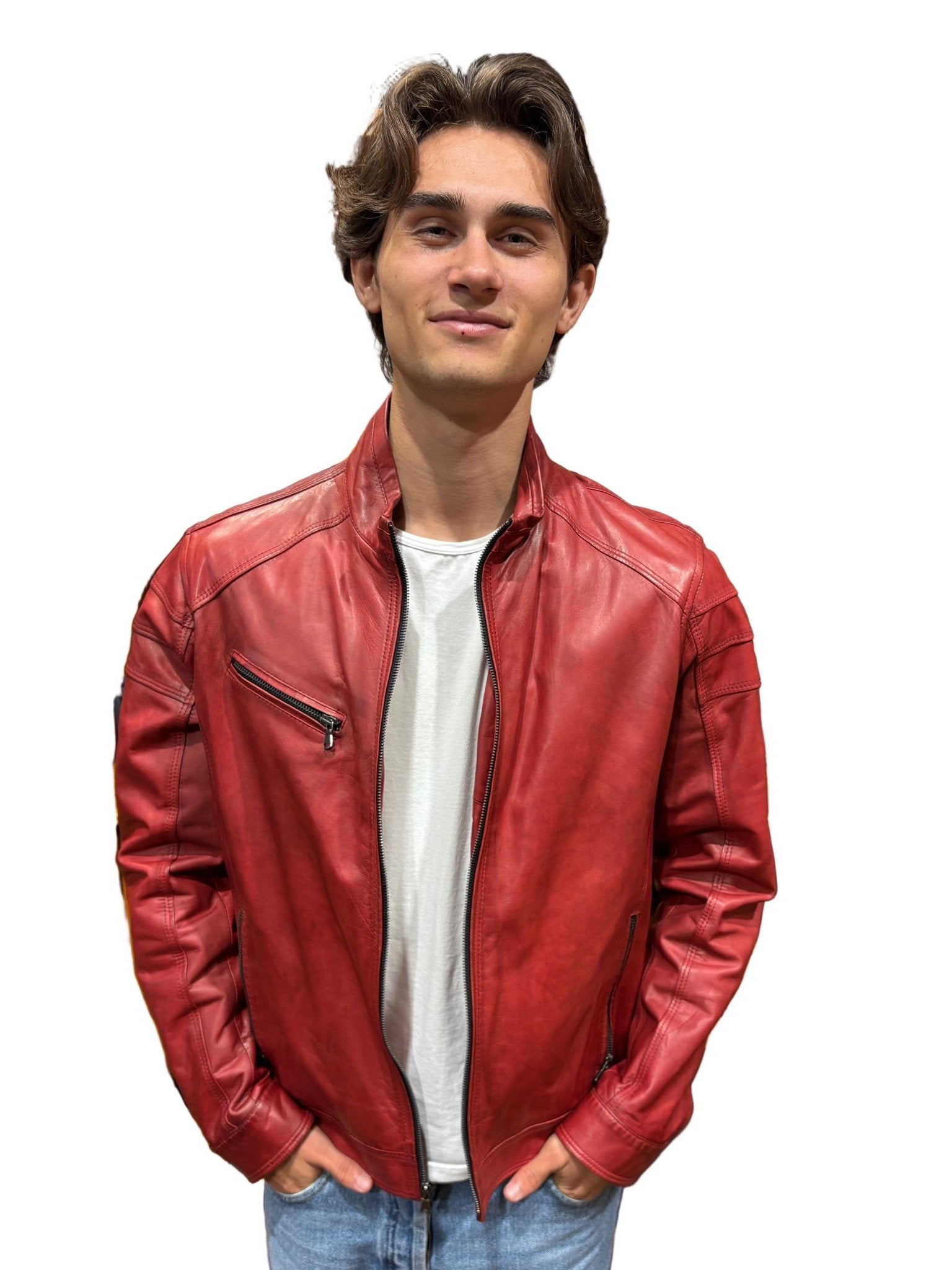 Giacca in pelle uomo tamponata a mano Pelletteria Allegrini Filippo PEGASO tuscany Rosso 54 cliente - Pelletteria Allegrini