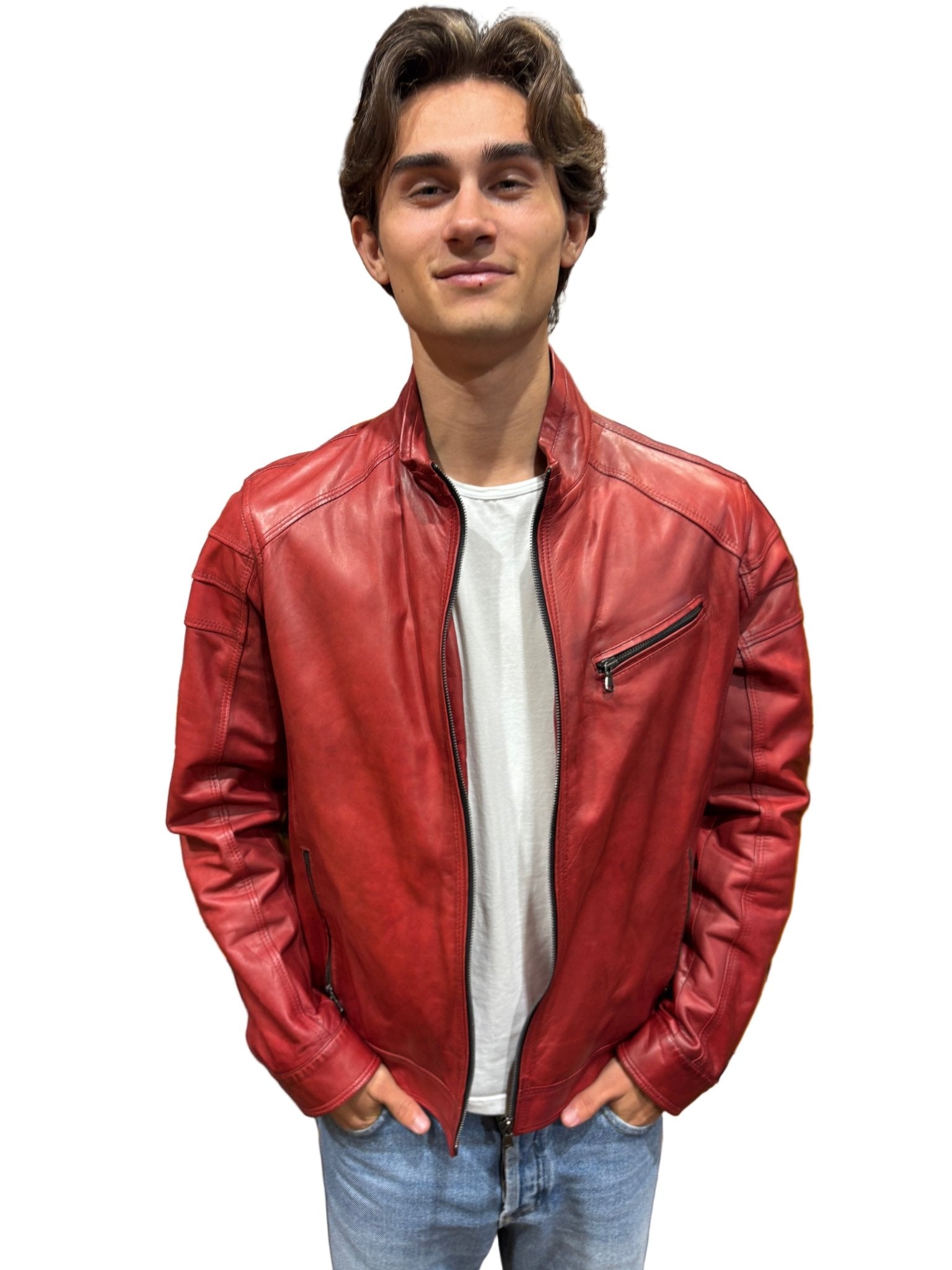 Giacca in pelle uomo tamponata a mano Pelletteria Allegrini Filippo PEGASO tuscany Rosso 54 cliente - Pelletteria Allegrini