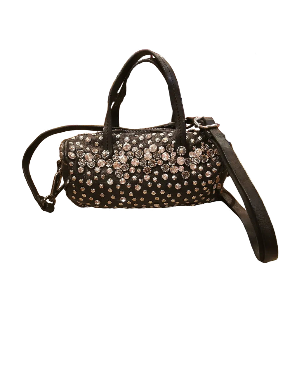 Piccola borsa, dalla forma a cuore, impreziosita da borchie, strass e fiori, nel classico di Campomaggi. Made in Italy