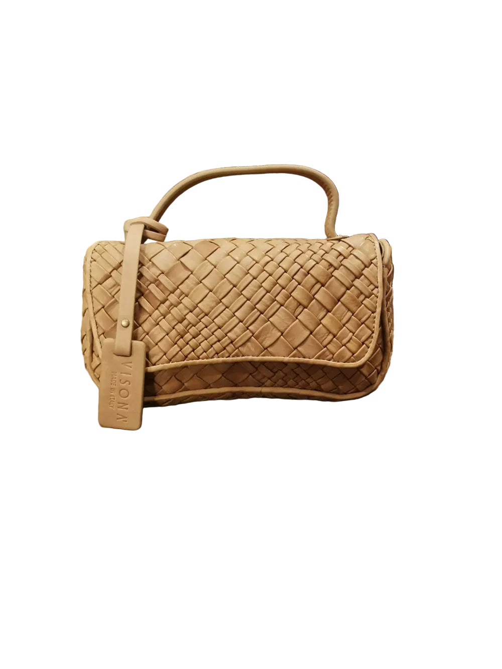 Pochette in pelle, realizzata con il classico intreccio di Visonà, con maniglia e tracolla.