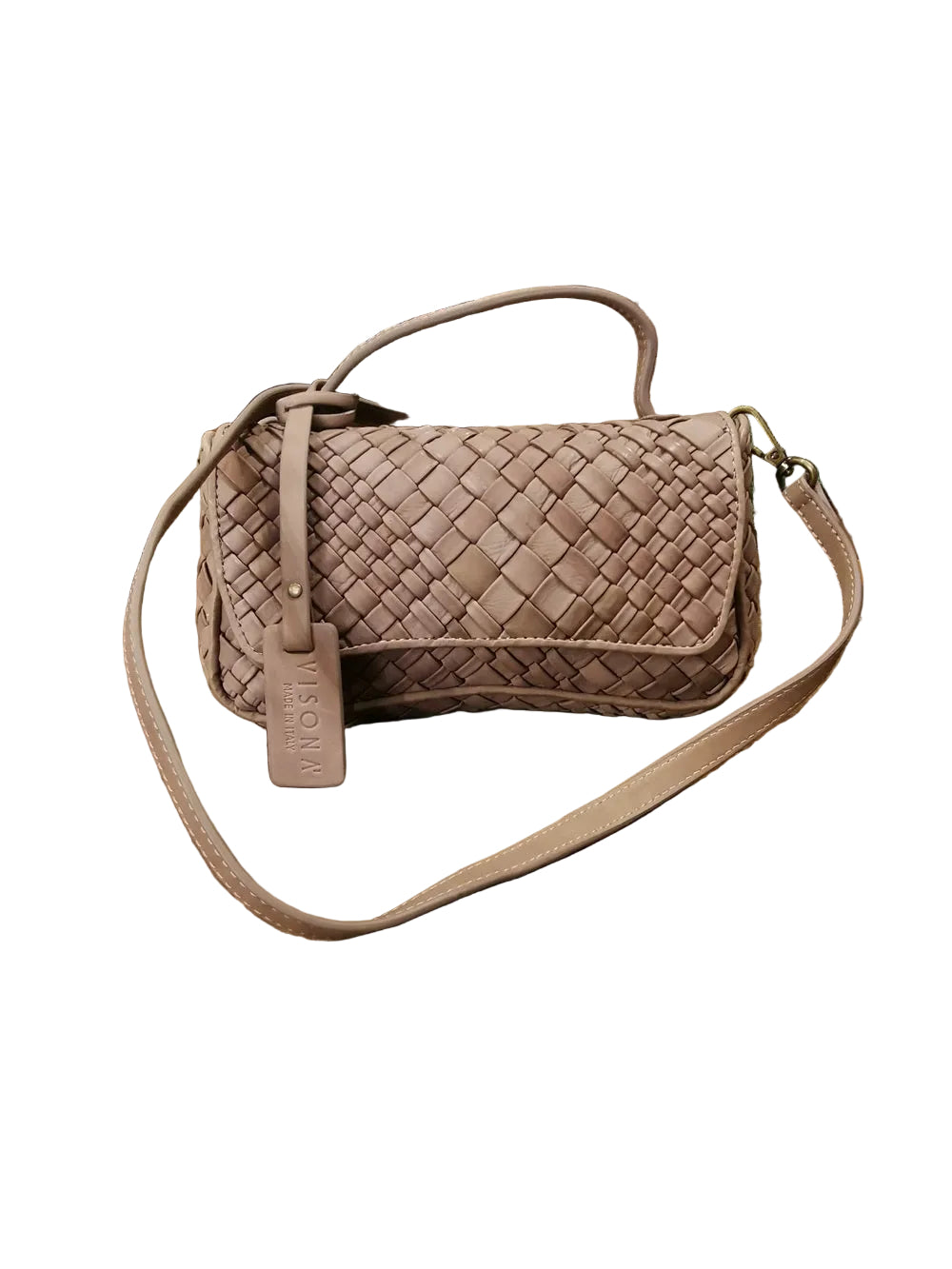 Pochette in pelle, realizzata con il classico intreccio di Visonà, con maniglia e tracolla. Made in Italy