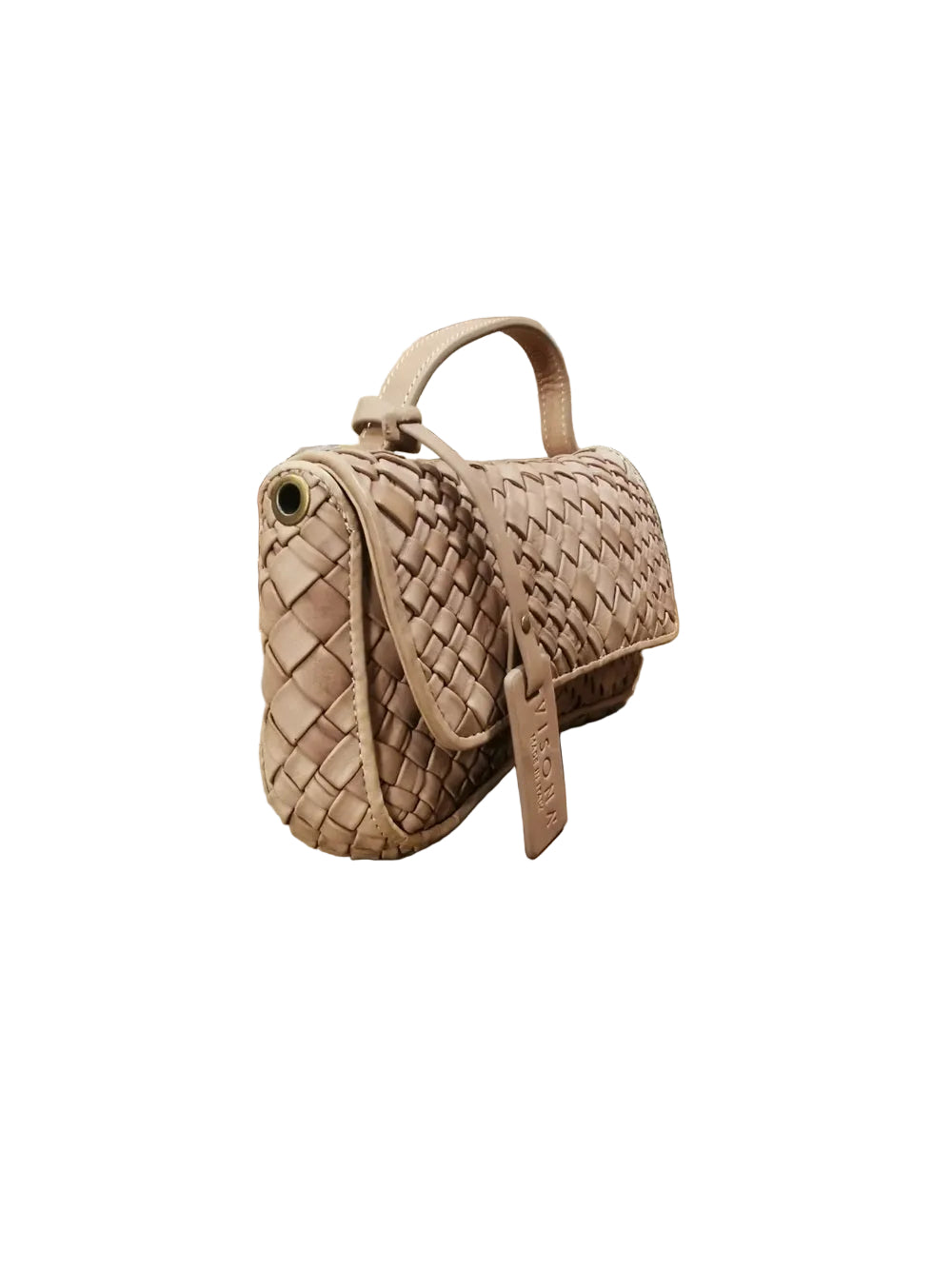 Pochette in pelle, realizzata con il classico intreccio di Visonà, con maniglia e tracolla. Made in Italy