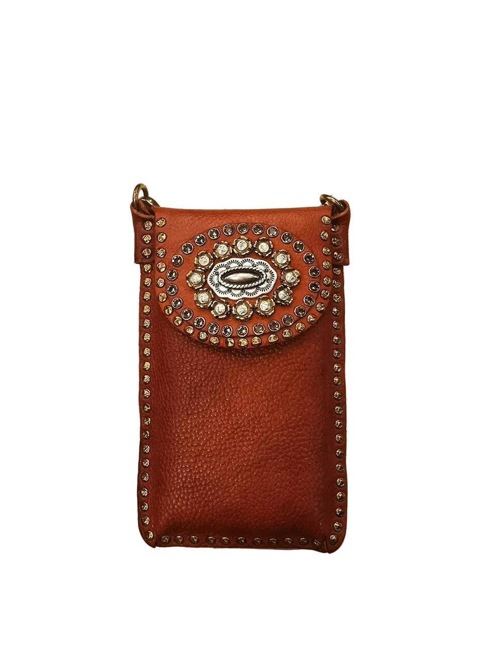 Lea leather phone holder with rhinestones and studs Campomaggi C017401ND-X3232 Cognac
