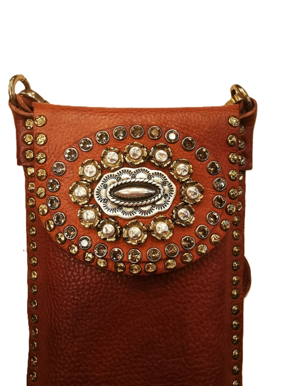 Lea leather phone holder with rhinestones and studs Campomaggi C017401ND-X3232 Cognac