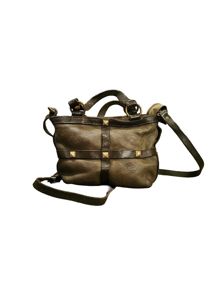 Tracollina con manici e borchie in pelle Pelletteria Allegrini Filippo 1598 Verde militare - Pelletteria Allegrini