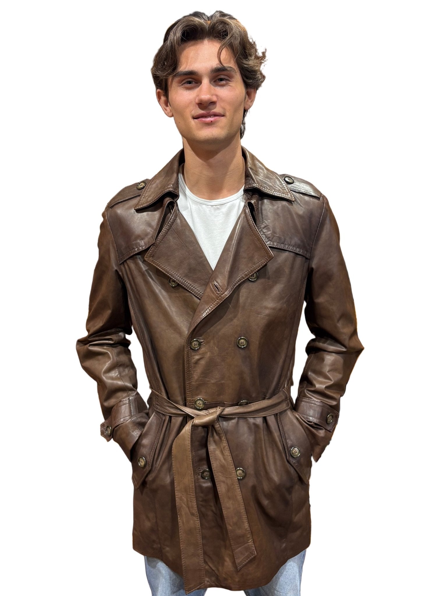 TRENCH uomo in pelle tamponato a mano Tuscany Pelletteria Allegrini Filippo Testa di moro - Pelletteria Allegrini